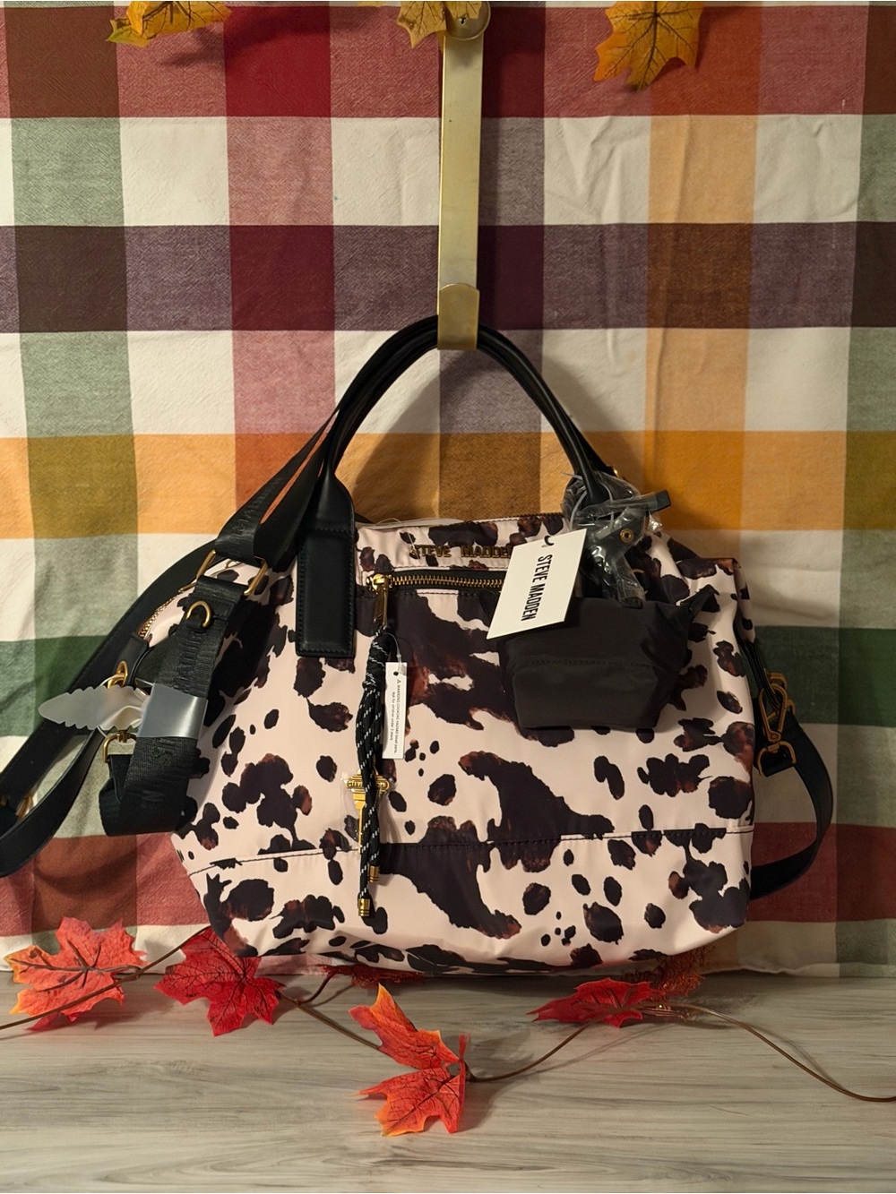 Steve Madden Black & Pink Cow-Print Shoulder Bag